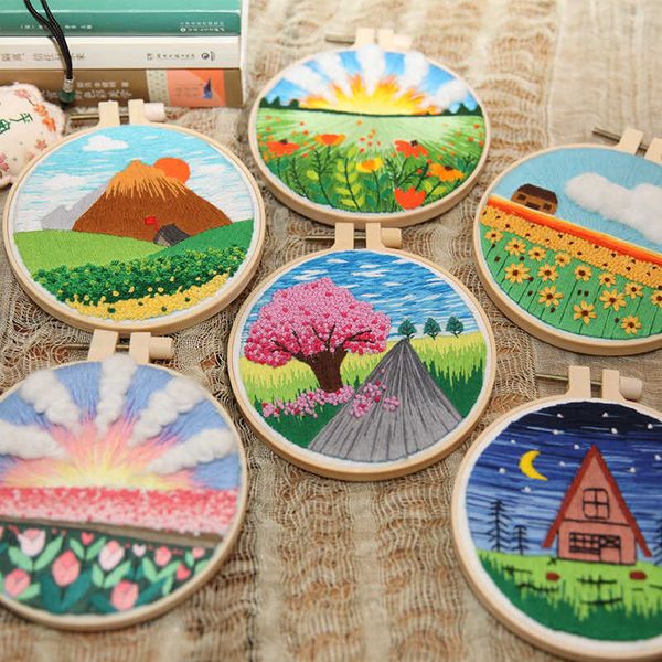 Produits de Style chinois paysage bricolage motif de broderie imprimé fleur point de croix cerceau ensemble couture cadre artisanat peinture décor à la maison