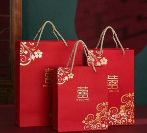 Bolsas de regalo de papel de doble felicidad roja de estilo chino para bolsa de embalaje de boda con asa favores de fiesta SN5269
