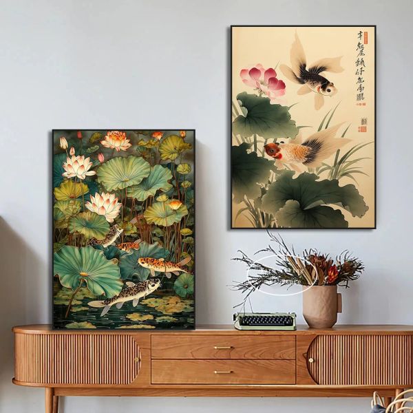 Style chinois rouge koi chanceux carpe luxe poisson calligraphie toile peinture de lotus fleurs affiche rétro mur art room intérieur décoration