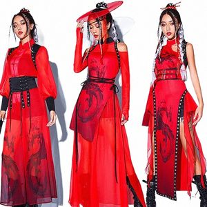 Tenues en liberté rouges de style chinois pour les femmes Jazz Dance Costumes Group Girm Gogo Dancers Performance Hip Hop Stage Wear DN17497 C2HS #