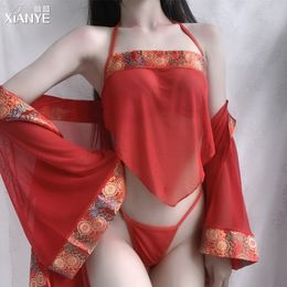 Estilo chino Red Sexy Lingerie Hanfu Bellyban con camisa exterior Geisha Set Retro Erótica ropa interior larga camisa exterior tradicional