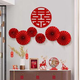 Chinese stijl rode bruiloftsventilator Bloem Hanging Paper Crafts Pompom Slaapkamer Woonkamer Wall Decor Origami Fan Diy Party Supplies