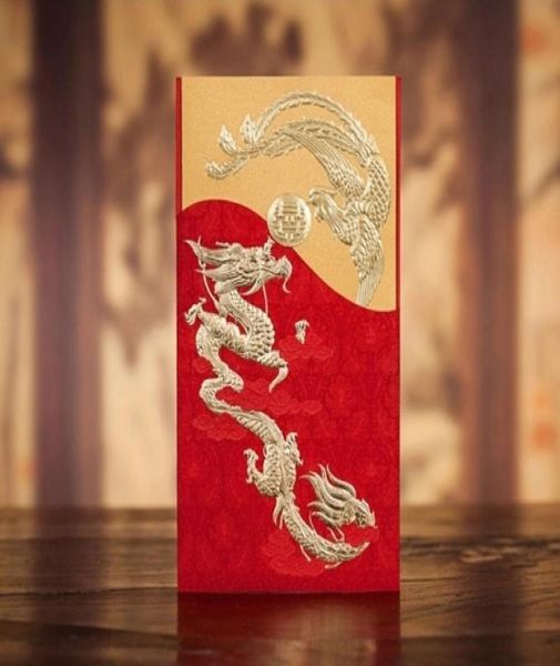 Cartes d'invitation de mariage rouge de style chinois avec feuille intérieure vierge Dragon Phoenix Invitations1773828