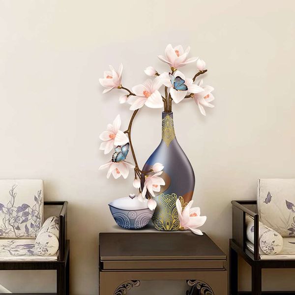 Estilo chinês retro vaso magnólia flor china adesivos de parede para sala estar jantar casa adesivos decorativos decoração casa pvc