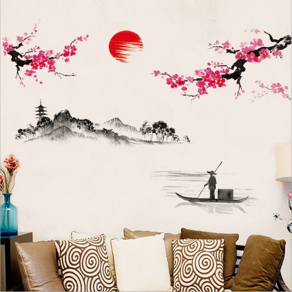 Estilo chino Sakura japonés rosa flor de cerezo árbol decoración Mural calcomanías pared pegatina póster papel tapiz decoración.