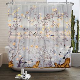 Rideau de douche de style chinois Plum Flower Birds arbre rideau de salle de bain imperméable en tissu étanche en polyester
