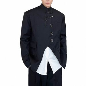 Style chinois Col montant Blazers Hommes Japon Coréen Streetwear Campus Vintge Fi Casual Costume Lâche Veste Blazer Homme Manteau J2mi #