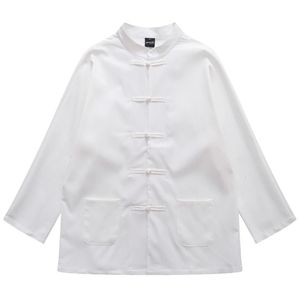 Style chinois col montant plaine hommes chemise à manches longues printemps chemises décontractées pour hommes noir blanc 240229