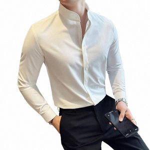 Chinese Stijl Stand Kraag Shirt voor Mannen Effen Kleur Lg Mouw Casual Busin Dr Shirts Slim Fit Sociale Streetwear blouse D4wu #
