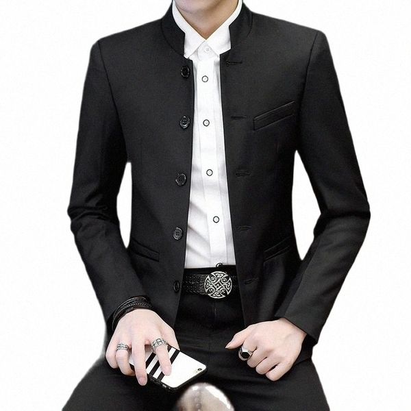 Style chinois col debout veste de costume hommes vêtements noir marine Busin mariage banquet marié Dr manteau hommes Slim Blazers R1yA #