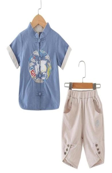 Style chinois été rétro Tang costume garçons t-shirt Shorts filles broderie hauts enfants coton lin vêtements pour 210 T enfants Y20038133771