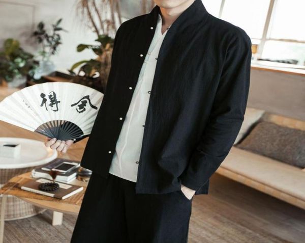 Trajes Tang de estilo chino, camisa para hombre con cuello mandarín, camisas informales ajustadas de Tai Chi, camisas de lino de manga larga para hombre Men039s9753639