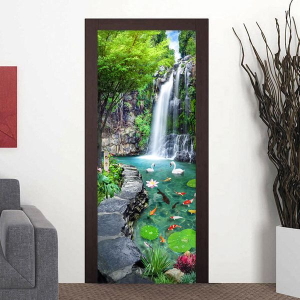 Style chinois cascade paysage photo murale papier peint 3D décor à la maison salon cuisine porte autocollant PVC auto-adhésif autocollant 210317