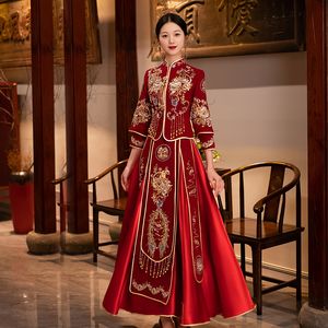 Vestido de novia de estilo chino Bride Love Eternal Gift Qipao Cheongsam Lady Red Bridesmaids Dress SU Bordado Top + Falda Disfraz