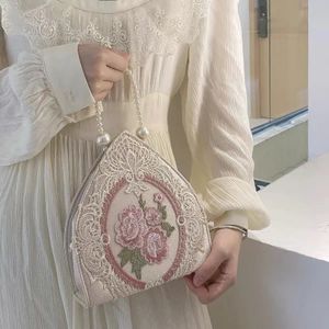 Bolso de mano de estilo chino para mujer, bandolera con cadena de perlas de lujo, bolso bandolera elegante con flores bordadas de encaje, Bolso pequeño 2024