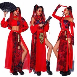 Vêtements de performance de jazz de style chinois pour femmes, tenues de festival rouge et noir, vêtements hip hop pour adultes, costumes de scène de danse Gogo J53v #