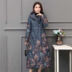 Style chinois femmes hiver vers le bas coton veste x-long impression ample épais vêtements d'extérieur à capuche couvert bouton femme Parka 211216