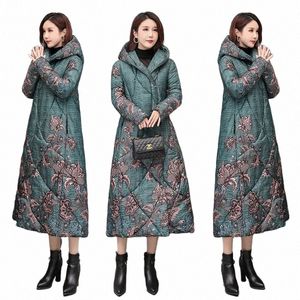 Estilo chino para mujer abajo Cott abrigo invierno LG impresión suelta gruesa con capucha Parka abrigo suelto femenino casual chaquetas acolchadas u9rF #