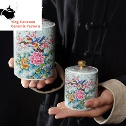 Théière chinoise exquise fleurs peintes et oiseaux Caddies Caddies Voyage en céramique Jar Jar Biscuits Biscuits Sceau 240401