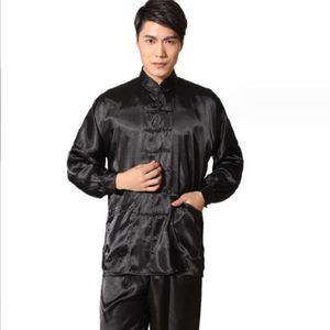 Chinese Traditionele Kung Fu Pak Mannen Hoge Kwaliteit Satijn Tang Pyjama Casual Thuis Jurk Mannelijke Effen Wu Shu Sets Jas + Lange Broek