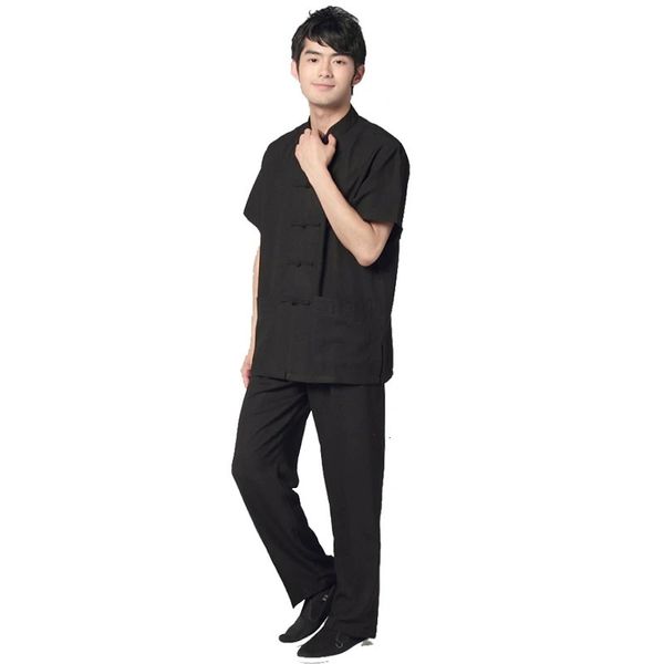 Chinois traditionnel pour hommes en coton Coton Kung Fu Costume à manches courtes Wu Shu Set Shirt Pant noir uniforme S M L XL XXL XXXL 240403