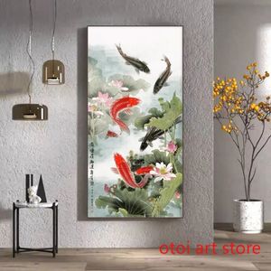 Estilo tradicional chino Lotus Auspicious Nine Koi Fish Feng Shui Art Poster Lienzo Pintura Impresión de pared Imagen Habitación Decoración para el hogar 240327