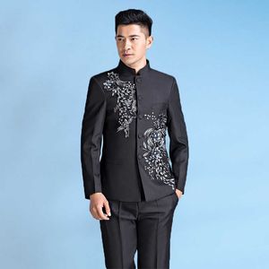 Costume tunique chinois pour hommes, col montant, vêtements de fleurs pour hommes, slim style chinois, costume de marié de mariage, costume homme noir blanc X0909