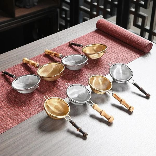 Infuseur à thé Vintage chinois en acier inoxydable, passoire à thé à double maille, filtre à thé en feuilles mobiles, poignée en céramique, accessoires à thé 240117