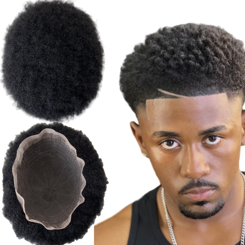 Kinesiska jungfruliga mänskliga hårsystem Färg #1b 4mm Root Afro Full spets Toupees 8x10 Manlig enhet för svarta män
