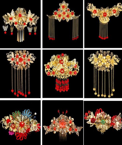 Tocado de novia de Boda china, corona de novia hecha a mano, tocado chapado en oro, traje XiuHe, peinetas para el cabello, accesorios 7220035