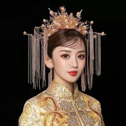 Couronne de mariée de mariage chinois glands de fleurs faits à la main diadème de mariage reine de mariée couronnes de princesse femmes Costume accessoires de cheveux ML 240307