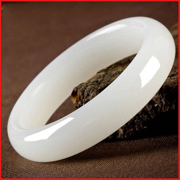 Pulsera de Jade de tira ancha genuina Natural pura tallada a mano blanca china para mujer