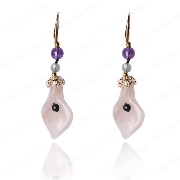 Vent chinois pierre naturelle rose cristal calla fleur boucle d'oreille tempérament ethnique longues boucles d'oreilles violettes bijoux pour femmes