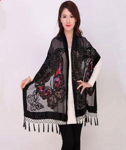 Chinese vrouwen fluwelen zijden kralen sjaals vintage handgemaakte borduurgaals sjaals sjaal lange rand pashmina vlinder cape stole4579602