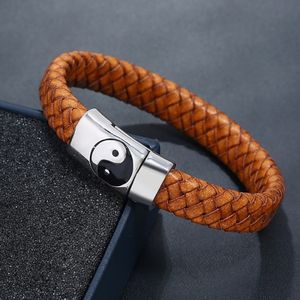 Bracelets en cuir à breloque Yinyang chinois, fermoir magnétique en acier inoxydable, Bracelet noir Taiji, manchette, bijoux à la mode pour hommes