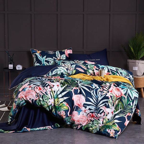 Chinoiserie style oiseaux feuilles imprimé coton égyptien doux housse de couette drap de lit ensemble de draps King Queen Size ensemble de literie LJ2234S