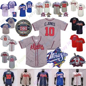 Chipper Jones Jersey 1995 WS Vintage Baseball 1999 Gris Blanco Azul Jersey Salón de la Fama Retiro Parche Ejército Verde Tamaño S-3XL