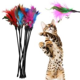 Chirstmas Cat Toys Kitten Pet Teaser 38cm Turkije Feather Interactive Stick speelgoed met bel -draad Chaser Wand FY3469 SS0323