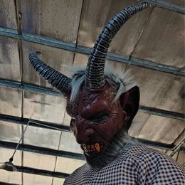 Chirstmas Costume Headwear Party Horrible Props Horn Devil Demon Latex Masque réaliste Krampus Demon Mask 240517