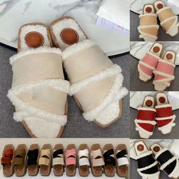 Pantoufles plates imprimées en fourrure C, sandales à la mode, chaussures d'hiver chaudes et longues en laine