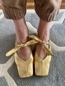 Chmury Gold Ballet Flats schoenen voor vrouwen trend luxe vierkant teen met boog zwarte Mary Janes Ballerina Heel maat 42 240328