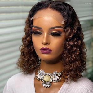 Perruque Lace Frontal Wig naturelle péruvienne, cheveux courts bouclés, brun chocolat, pre-plucked, 13x4, 13x6, partie T, pour femmes, 150%