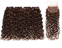 Cheveux humains vierges indiens brun chocolat humides et ondulés 4 paquets avec fermeture en dentelle 4 tissages de cheveux humains brun foncé avec fermeture supérieure 6004252