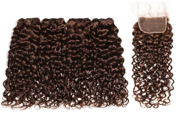 Cheveux humains vierges indiens brun chocolat humides et ondulés 4 paquets avec fermeture en dentelle 4 tissages de cheveux humains brun foncé avec fermeture supérieure 2447477