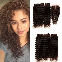 Trames de cheveux humains indiens vierges brun chocolat avec fermeture Deep Wave # 4 Bundles de tissage de cheveux humains brun foncé avec fermeture à lacet 4x4