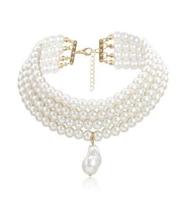 Choker 10 mm Imitatie Pearl Hangers Kettingen Vrouwen Fashion Threelayer Handgemaakte nek sleutelbeenketting Elegante en eenvoudige Wild Bead8170189