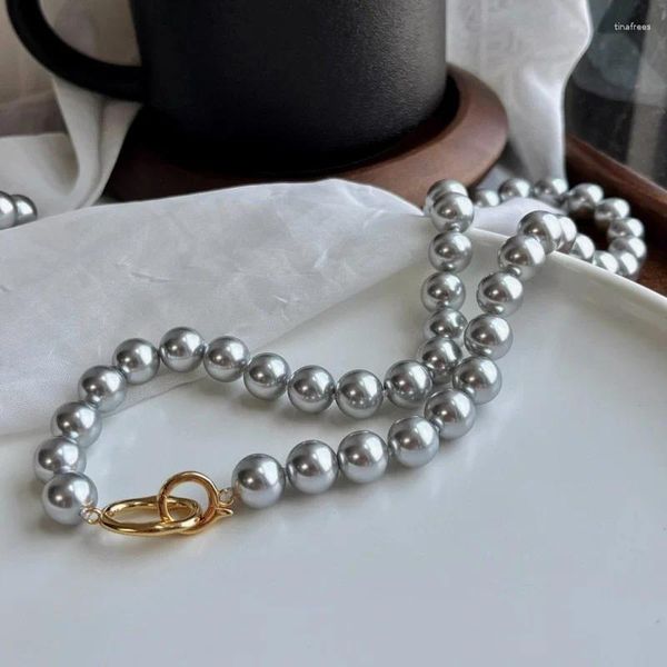 Collier ras du cou en perles gris platine 10 mm, 45 cm, bouton en argent sterling, passe-partout, niche de haute qualité
