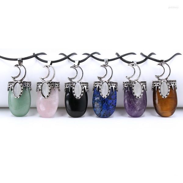 Gargantilla 10 Uds Retro Luna hueca colgante de piedra Natural Chakra Reiki curación amatistas cristal rosa ojo de tigre collar de cuarzo a granel