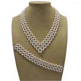 Collier ras du cou de 16 pouces, blanc naturel, 5-6mm, haute brillance, collier de perles de riz et 7 bracelets tressés, ensemble de bijoux