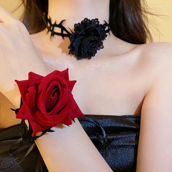 Collier ras du cou rétro en forme de fleur réglable, 1 pièce, gothique, Rose rouge épineuse, accessoires de fête Cosplay d'halloween